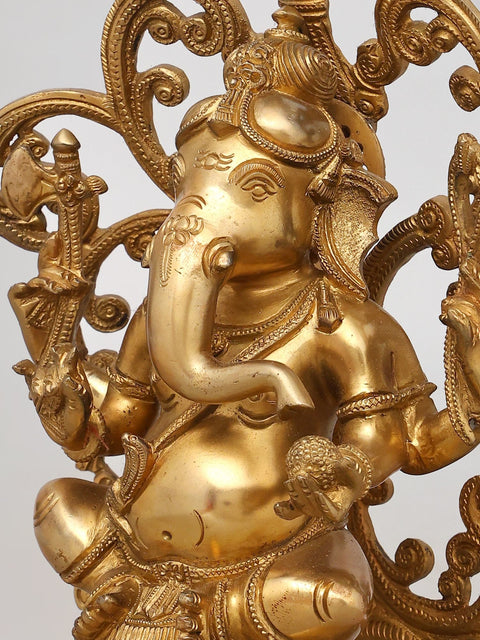 13" Majestic Seated Lord Ganesha with Ornate Prabhavali - Brass Statue