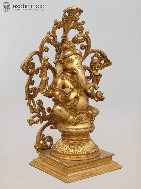 13" Majestic Seated Lord Ganesha with Ornate Prabhavali - Brass Statue