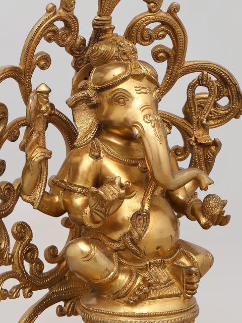 13" Majestic Seated Lord Ganesha with Ornate Prabhavali - Brass Statue