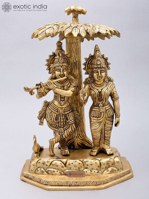 13" Handmade Radha Krishna Brass Statue Under Tree