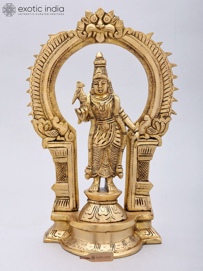11'' Standing Goddess Meenakshi with Kirtimukha Prabhavali | Brass Statue