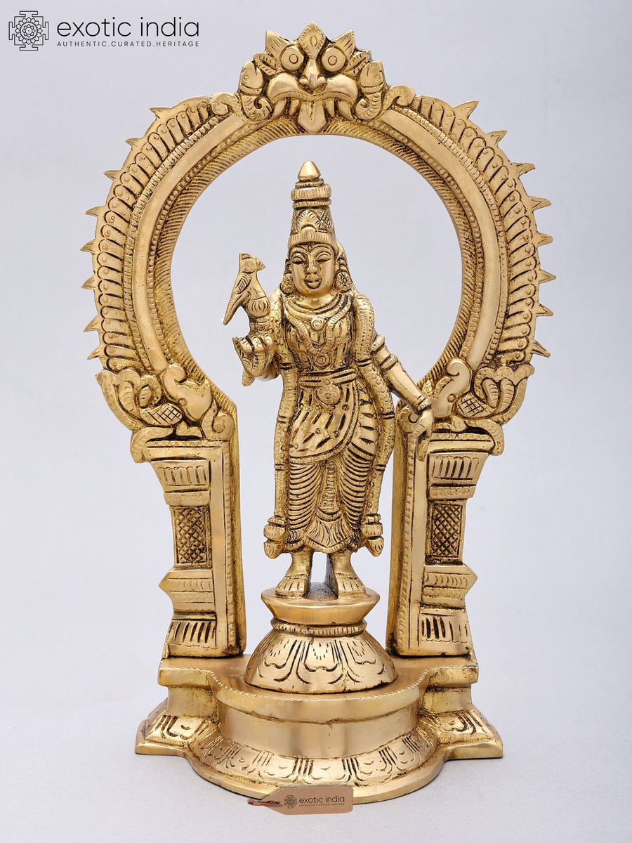 11" Standing Goddess Meenakshi with Kirtimukha Prabhavali Brass Statue