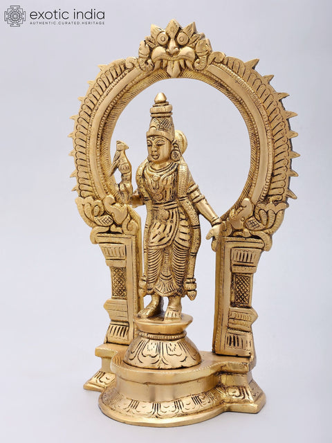 11'' Standing Goddess Meenakshi with Kirtimukha Prabhavali | Brass Statue