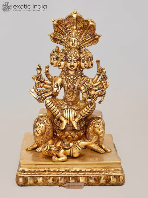 12" Majestic Multi-Faced, Multi Armed Goddess Durga Seated on Lions - Brass Divine Sculpture