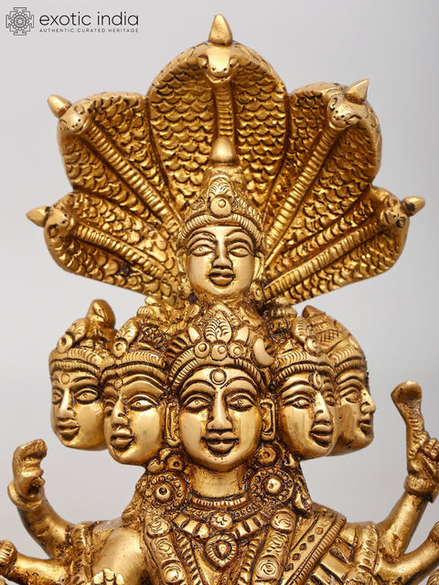 12" Majestic Multi-Faced, Multi Armed Goddess Durga Seated on Lions - Brass Divine Sculpture