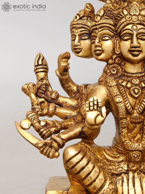 12" Majestic Multi-Faced, Multi Armed Goddess Durga Seated on Lions - Brass Divine Sculpture