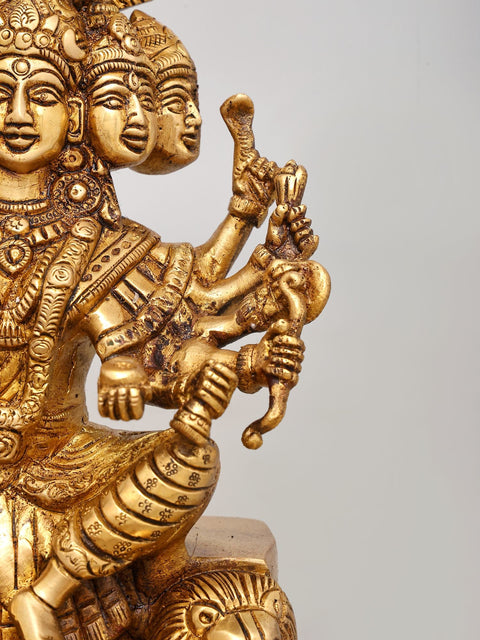 12" Majestic Multi-Faced, Multi Armed Goddess Durga Seated on Lions - Brass Divine Sculpture