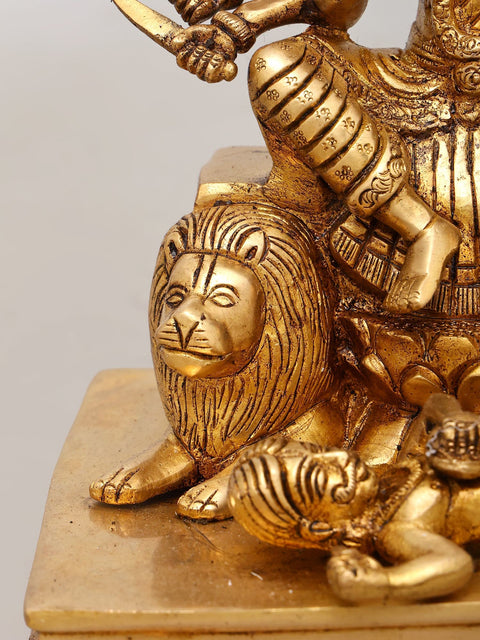 12" Majestic Multi-Faced, Multi Armed Goddess Durga Seated on Lions - Brass Divine Sculpture