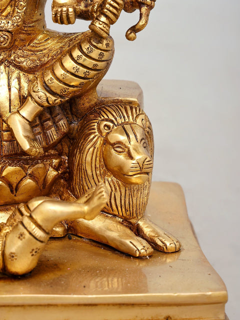 12" Majestic Multi-Faced, Multi Armed Goddess Durga Seated on Lions - Brass Divine Sculpture