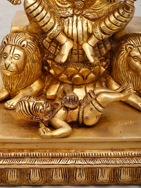 12" Majestic Multi-Faced, Multi Armed Goddess Durga Seated on Lions - Brass Divine Sculpture
