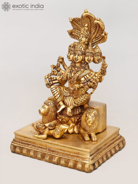 12" Majestic Multi-Faced, Multi Armed Goddess Durga Seated on Lions - Brass Divine Sculpture