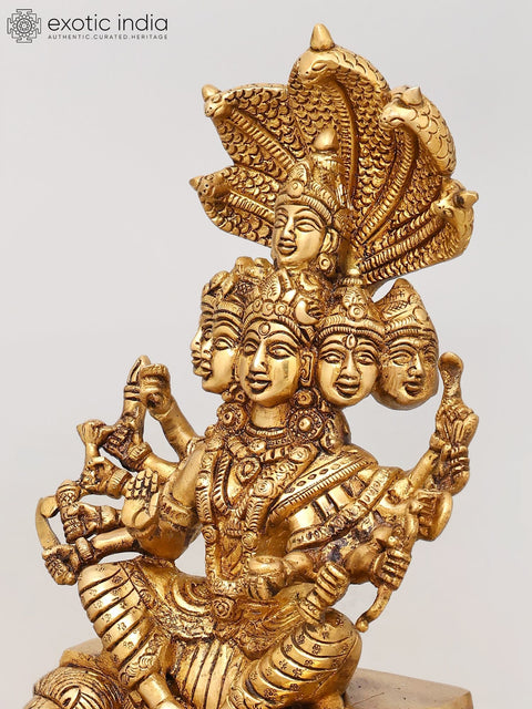 12" Majestic Multi-Faced, Multi Armed Goddess Durga Seated on Lions - Brass Divine Sculpture
