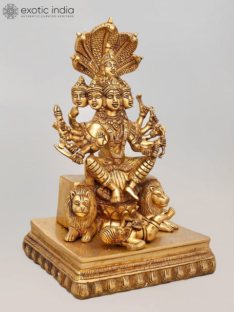12" Majestic Multi-Faced, Multi Armed Goddess Durga Seated on Lions - Brass Divine Sculpture