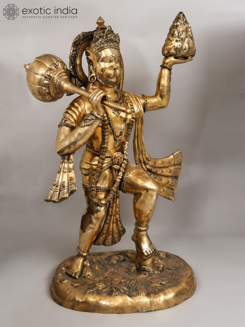 60" Large Lord Hanuman Holding Sanjivani Brass Statue for Pooja
