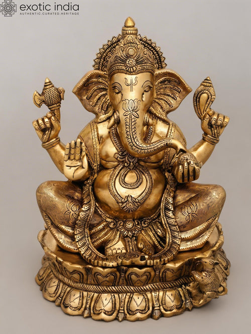 14" Blessing Lord Ganesha Seated on Lotus Pedestal Brass Statue