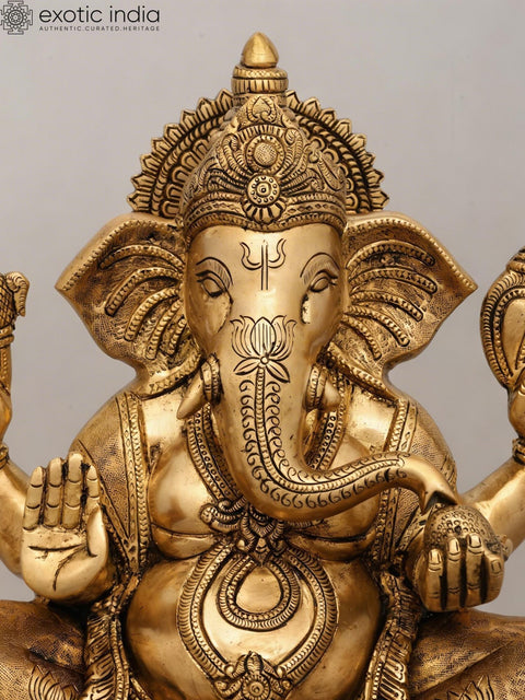 14" Blessing Lord Ganesha Seated on Lotus Pedestal | Brass Statue
