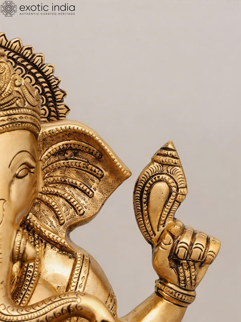 14" Blessing Lord Ganesha Seated on Lotus Pedestal | Brass Statue