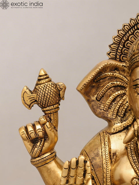 14" Blessing Lord Ganesha Seated on Lotus Pedestal | Brass Statue