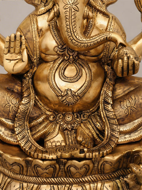 14" Blessing Lord Ganesha Seated on Lotus Pedestal | Brass Statue