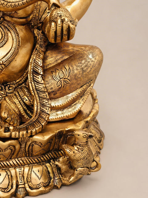 14" Blessing Lord Ganesha Seated on Lotus Pedestal | Brass Statue