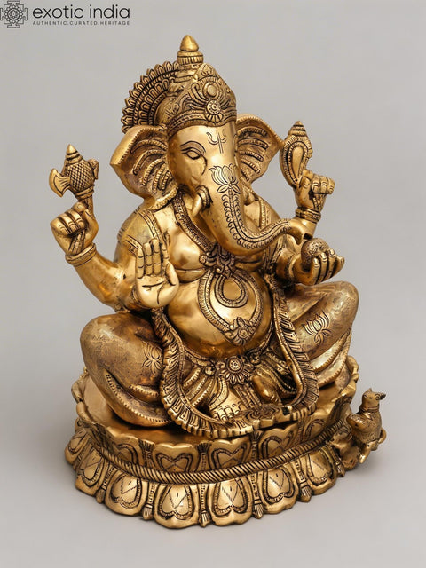 14" Blessing Lord Ganesha Seated on Lotus Pedestal | Brass Statue
