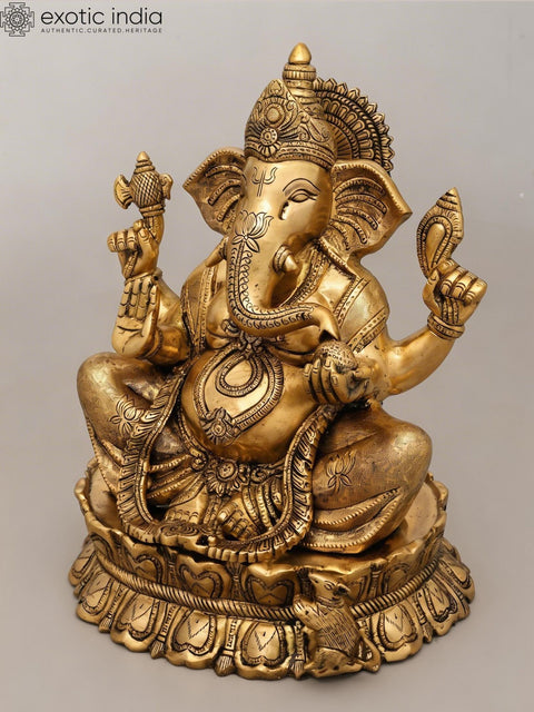 14" Blessing Lord Ganesha Seated on Lotus Pedestal | Brass Statue