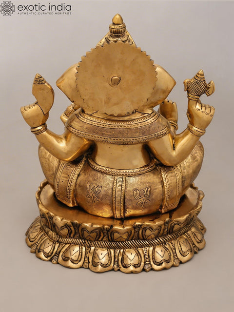 14" Blessing Lord Ganesha Seated on Lotus Pedestal | Brass Statue
