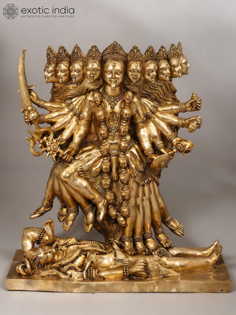 46" Large Goddess Mahakali in Fierce Form - Multi-Headed, Multi-Armed Brass Statue Standing on Lord Shiva