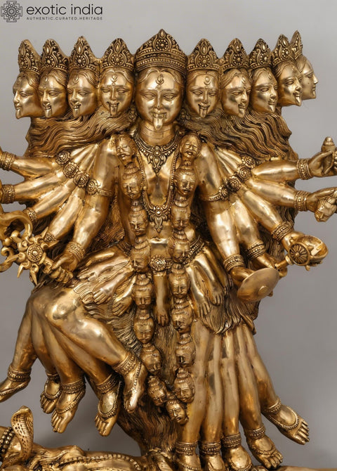 46" Large Goddess Mahakali in Fierce Form - Multi-Headed, Multi-Armed Brass Statue Standing on Lord Shiva