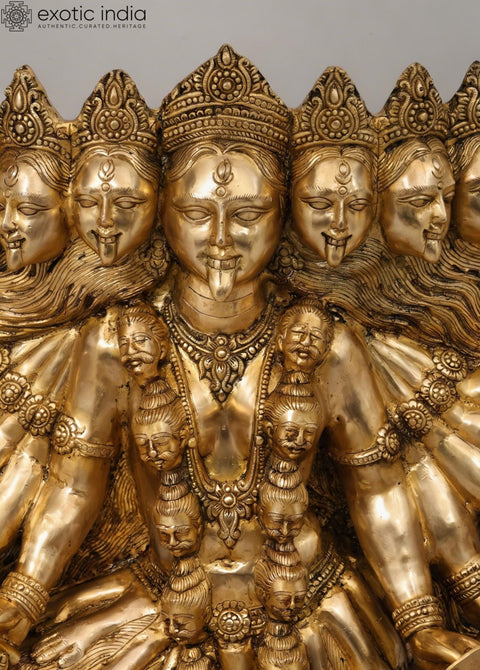 46" Large Goddess Mahakali in Fierce Form - Multi-Headed, Multi-Armed Brass Statue Standing on Lord Shiva