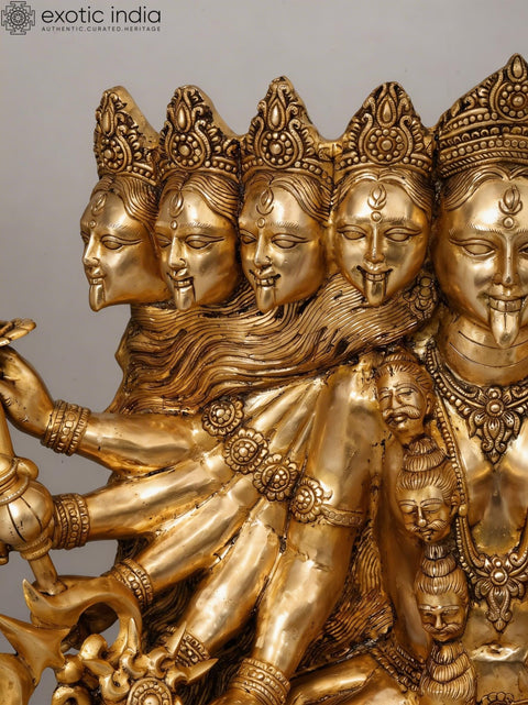 46" Large Goddess Mahakali in Fierce Form - Multi-Headed, Multi-Armed Brass Statue Standing on Lord Shiva