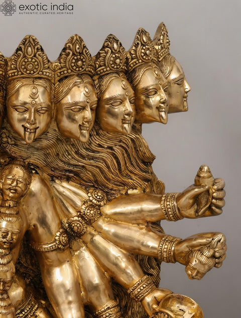 46" Large Goddess Mahakali in Fierce Form - Multi-Headed, Multi-Armed Brass Statue Standing on Lord Shiva