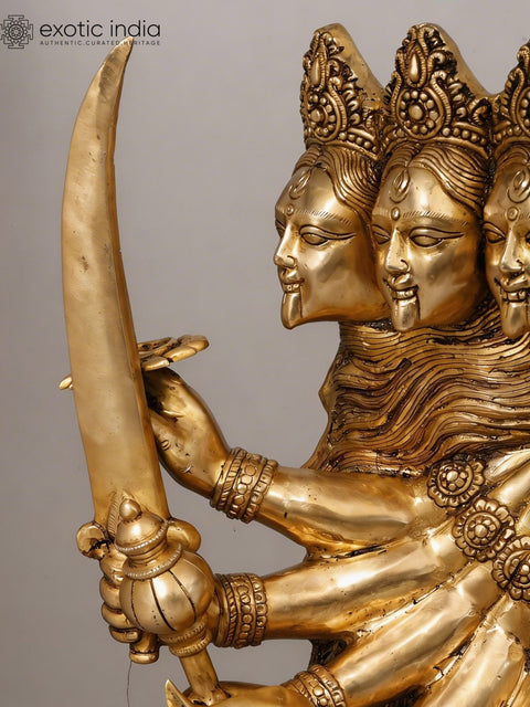 46" Large Goddess Mahakali in Fierce Form - Multi-Headed, Multi-Armed Brass Statue Standing on Lord Shiva