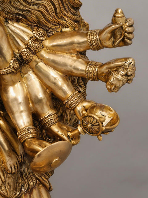 46" Large Goddess Mahakali in Fierce Form - Multi-Headed, Multi-Armed Brass Statue Standing on Lord Shiva