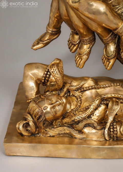 46" Large Goddess Mahakali in Fierce Form - Multi-Headed, Multi-Armed Brass Statue Standing on Lord Shiva