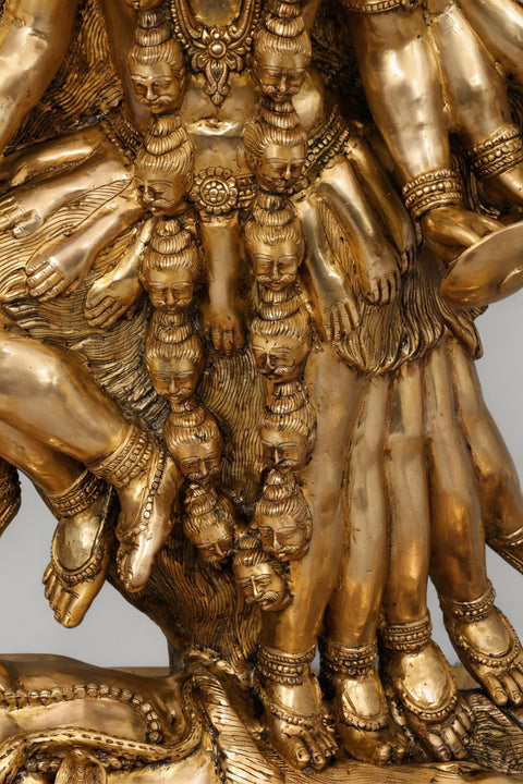 46" Large Goddess Mahakali in Fierce Form - Multi-Headed, Multi-Armed Brass Statue Standing on Lord Shiva