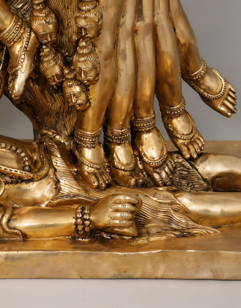 46" Large Goddess Mahakali in Fierce Form - Multi-Headed, Multi-Armed Brass Statue Standing on Lord Shiva