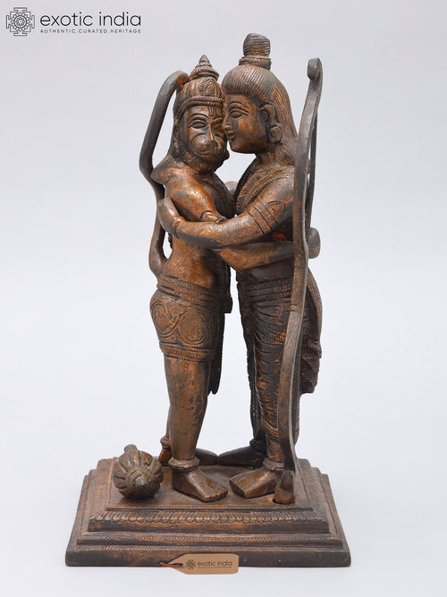 11" Lord Rama Hugging Hanuman Brass Statue - Symbol of Bhakti