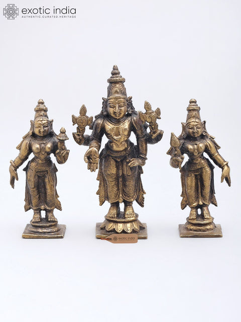 3'' Small Standing Lord Vishnu with Sridevi and Bhudevi | Set of 3 Statues