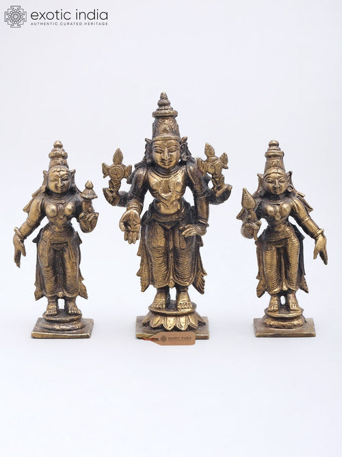 3" Standing Lord Vishnu with Sridevi and Bhudevi Brass Statue Set