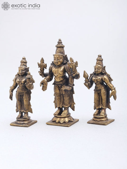 3'' Small Standing Lord Vishnu with Sridevi and Bhudevi | Set of 3 Statues