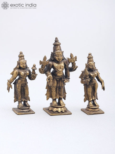 3'' Small Standing Lord Vishnu with Sridevi and Bhudevi | Set of 3 Statues
