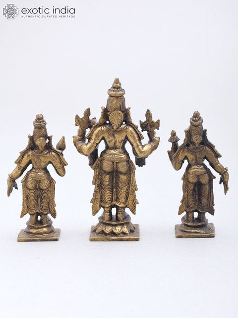 3'' Small Standing Lord Vishnu with Sridevi and Bhudevi | Set of 3 Statues