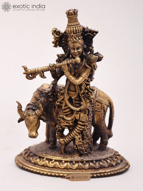 3'' Small Size Fluting Krishna With Cow | Copper Statue
