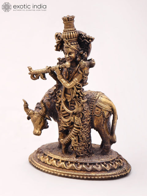 3'' Small Size Fluting Krishna With Cow | Copper Statue