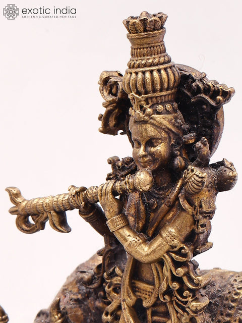 3'' Small Size Fluting Krishna With Cow | Copper Statue