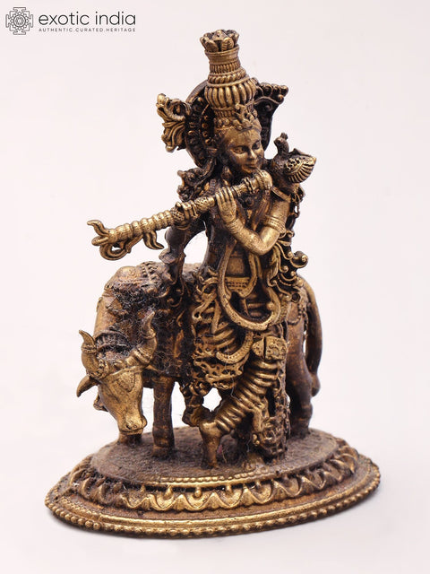 3'' Small Size Fluting Krishna With Cow | Copper Statue