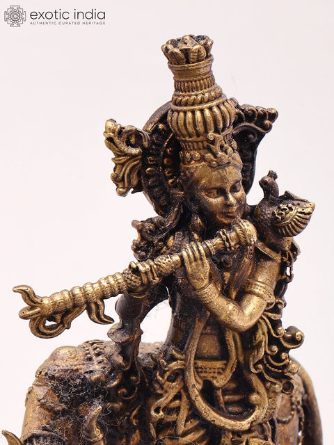 3'' Small Size Fluting Krishna With Cow | Copper Statue