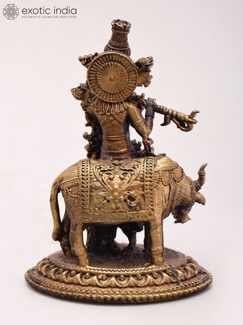 3'' Small Size Fluting Krishna With Cow | Copper Statue