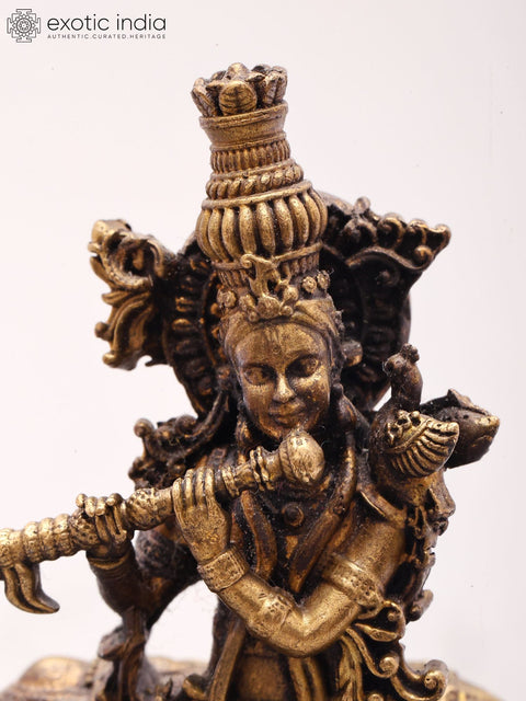 3'' Small Size Fluting Krishna With Cow | Copper Statue
